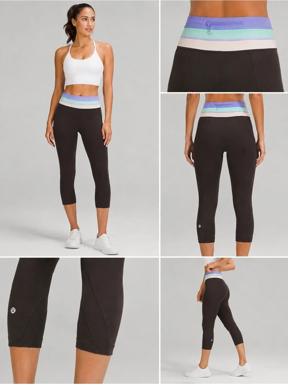 lululemon athletica Black Cropped Leggings with Purple, Mint & Cream Waistband